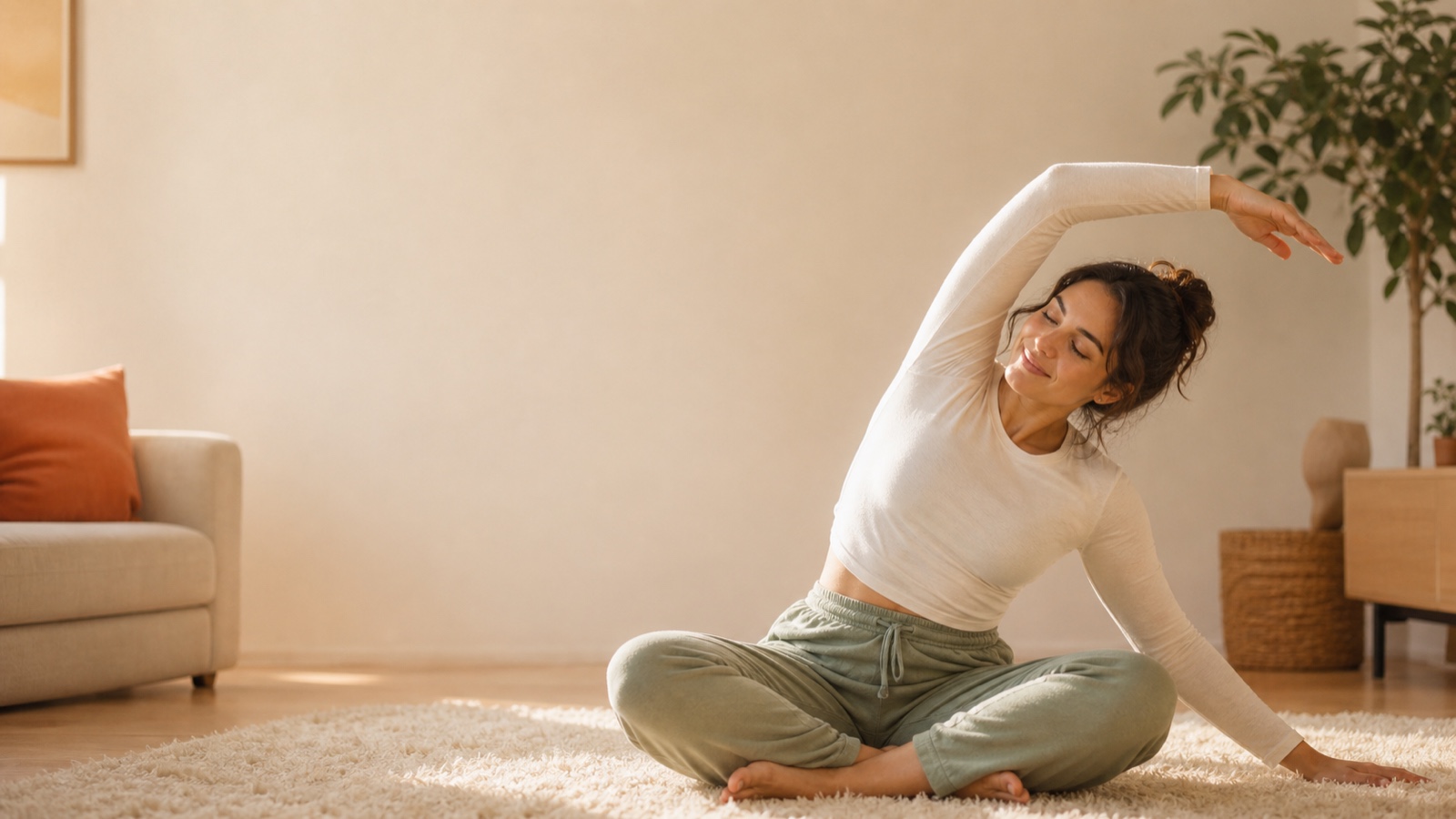 A calm, warm scene of someone stretching at home